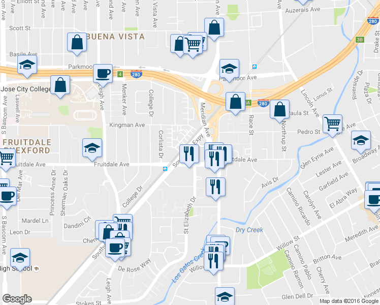 map of restaurants, bars, coffee shops, grocery stores, and more near 1445 Fruitdale Avenue in San Jose