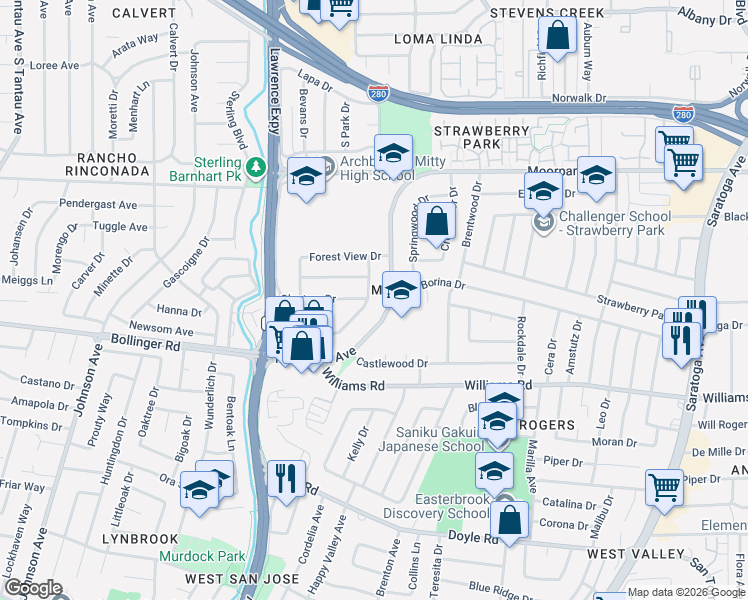 map of restaurants, bars, coffee shops, grocery stores, and more near 872 Forest Ridge Drive in San Jose