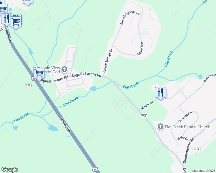 map of restaurants, bars, coffee shops, grocery stores, and more near 2241 County Road 738 in Lynchburg