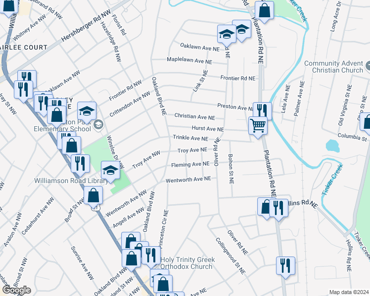 map of restaurants, bars, coffee shops, grocery stores, and more near 132 Troy Avenue Northeast in Roanoke