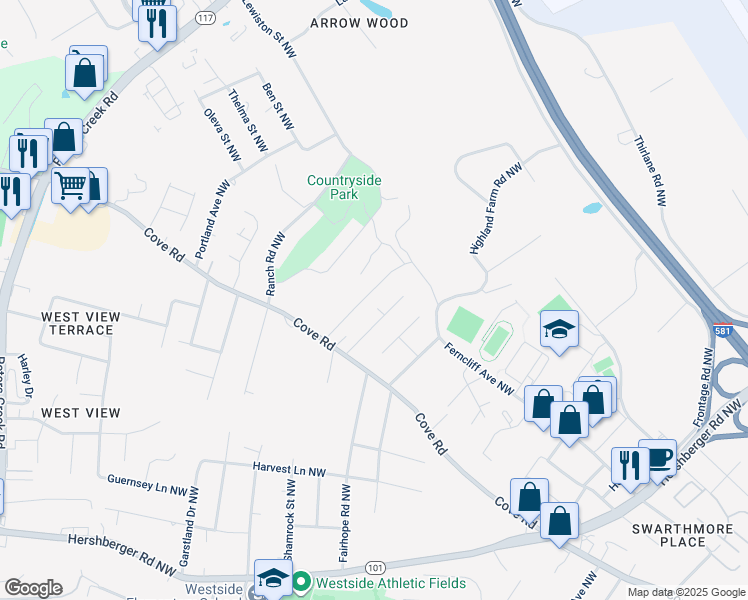map of restaurants, bars, coffee shops, grocery stores, and more near 2247 Countryside Road Northwest in Roanoke