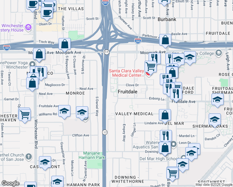 map of restaurants, bars, coffee shops, grocery stores, and more near 1151 Yarwood Court in San Jose