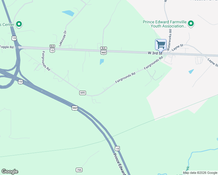map of restaurants, bars, coffee shops, grocery stores, and more near Fairgrounds Road in Farmville