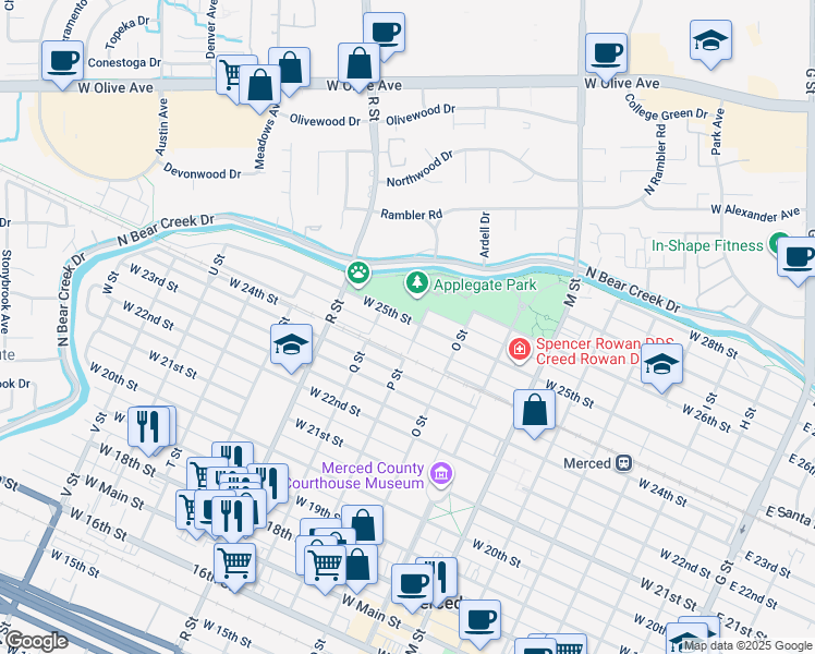 map of restaurants, bars, coffee shops, grocery stores, and more near 910 West 25th Street in Merced
