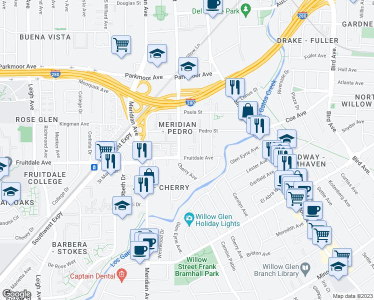map of restaurants, bars, coffee shops, grocery stores, and more near 916 Fruitdale Place in San Jose