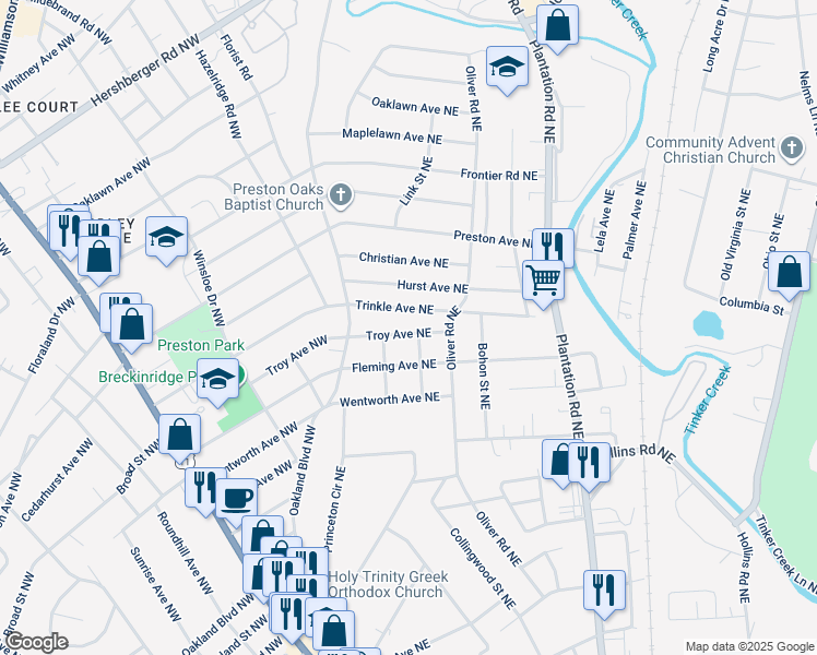 map of restaurants, bars, coffee shops, grocery stores, and more near 224 Troy Avenue Northeast in Roanoke