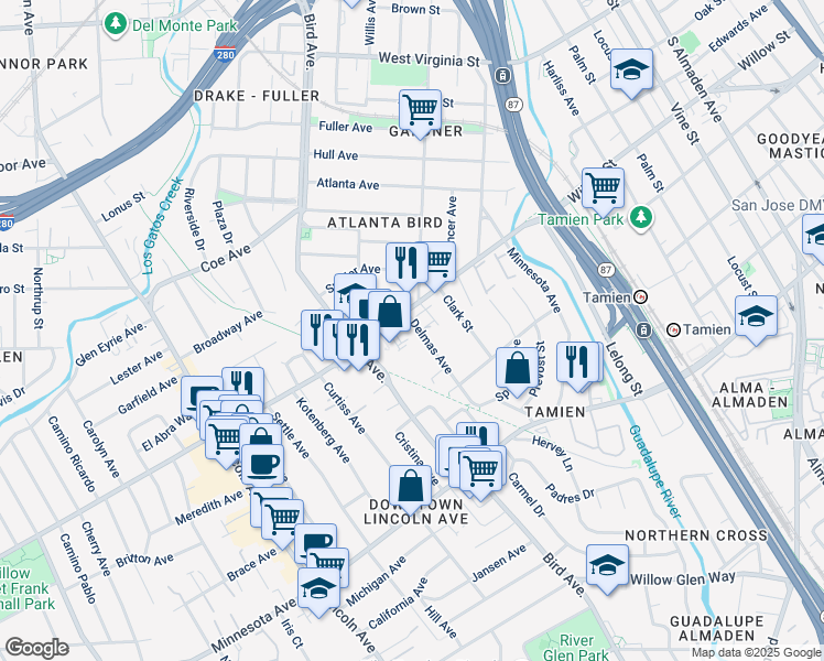map of restaurants, bars, coffee shops, grocery stores, and more near 1115 Delmas Avenue in San Jose
