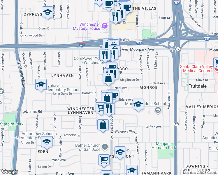 map of restaurants, bars, coffee shops, grocery stores, and more near 898 South Winchester Boulevard in San Jose