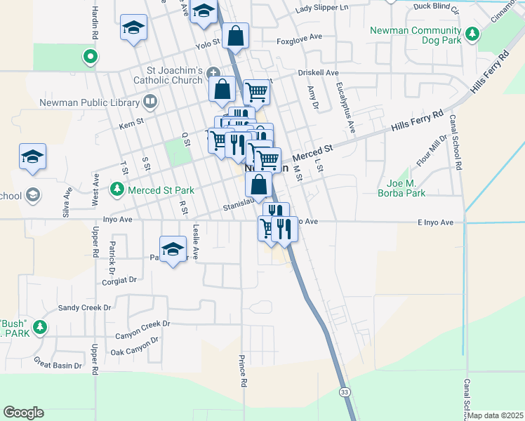 map of restaurants, bars, coffee shops, grocery stores, and more near in Newman