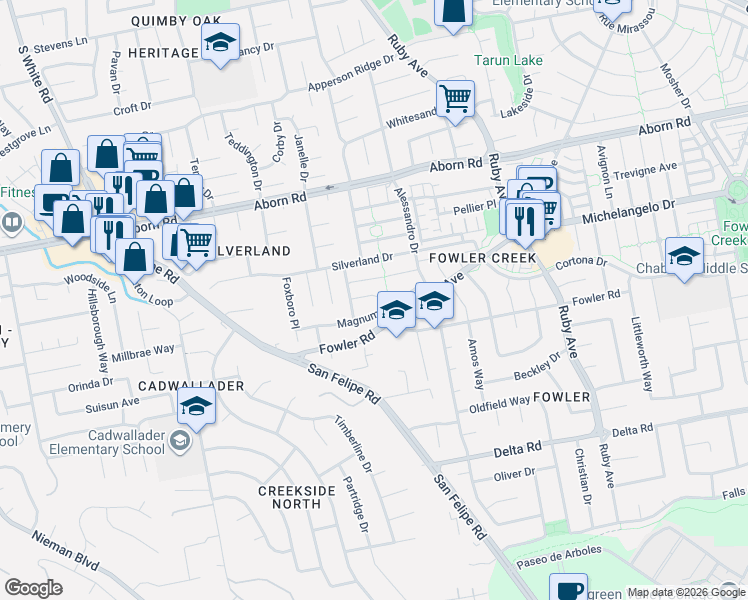 map of restaurants, bars, coffee shops, grocery stores, and more near 3046 Magnum Drive in San Jose
