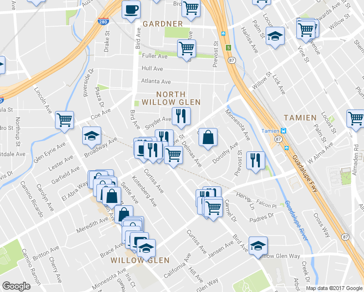 map of restaurants, bars, coffee shops, grocery stores, and more near 1155 Delmas Avenue in San Jose