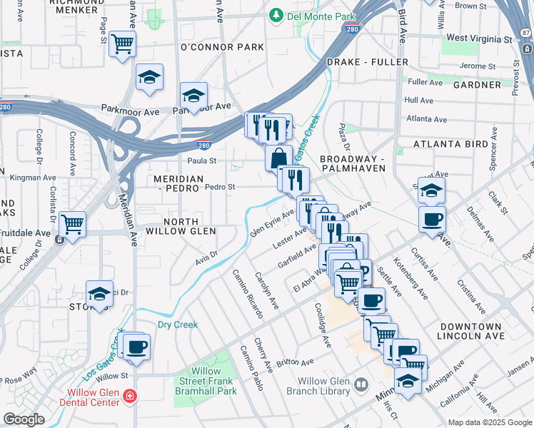map of restaurants, bars, coffee shops, grocery stores, and more near 70 Glen Eyrie Avenue in San Jose