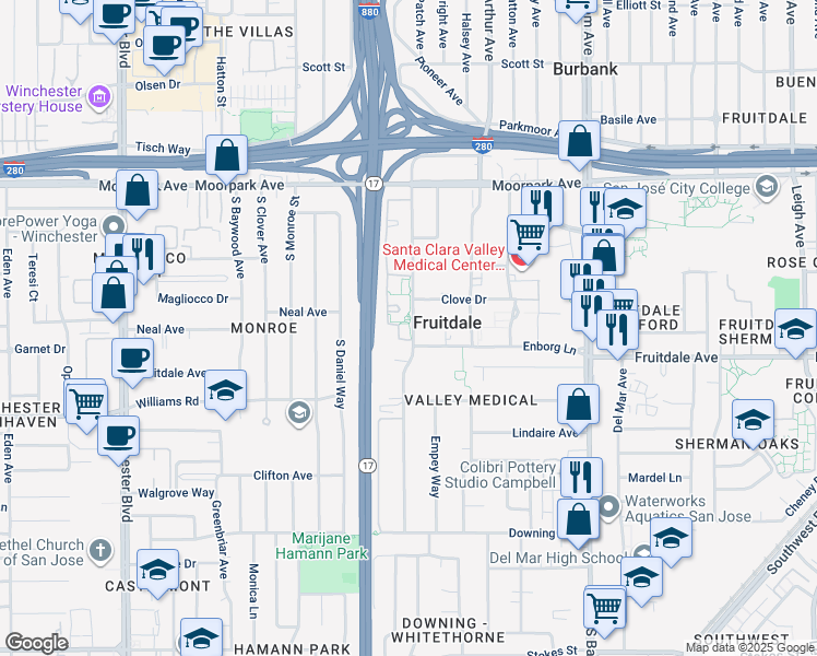 map of restaurants, bars, coffee shops, grocery stores, and more near 1151 Yarwood Court in San Jose