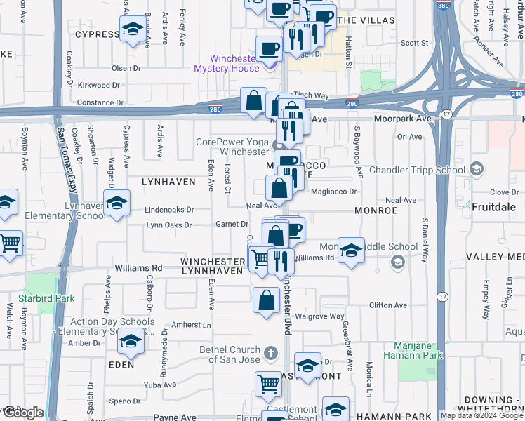 map of restaurants, bars, coffee shops, grocery stores, and more near 867 South Winchester Boulevard in San Jose