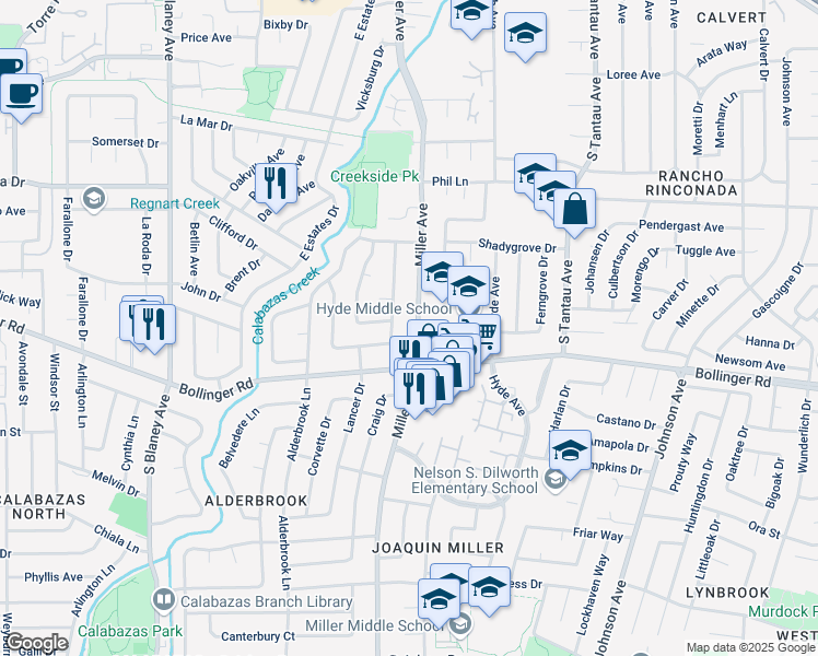 map of restaurants, bars, coffee shops, grocery stores, and more near 6352 Myrtlewood Drive in Cupertino