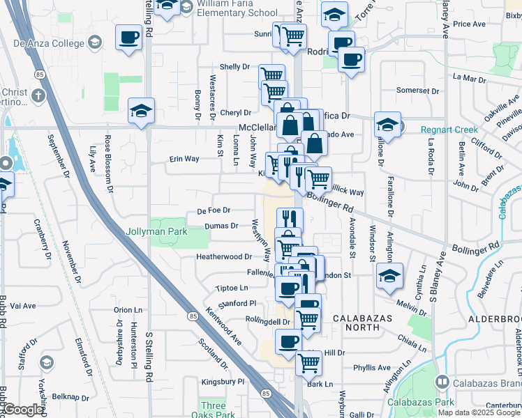 map of restaurants, bars, coffee shops, grocery stores, and more near 975 South De Anza Boulevard in San Jose