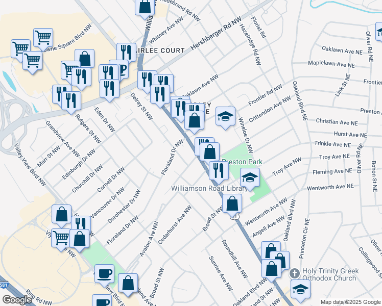 map of restaurants, bars, coffee shops, grocery stores, and more near 4303 Delray Street Northwest in Roanoke