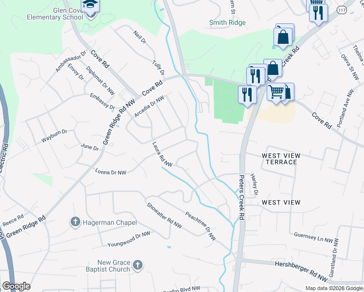 map of restaurants, bars, coffee shops, grocery stores, and more near 4612 Sloan Road Northwest in Roanoke