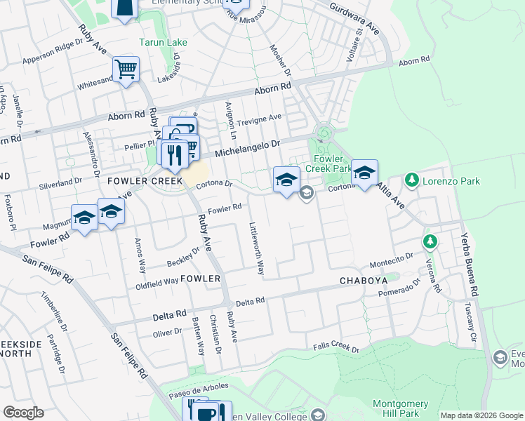 map of restaurants, bars, coffee shops, grocery stores, and more near 4133 Cortona Court in San Jose