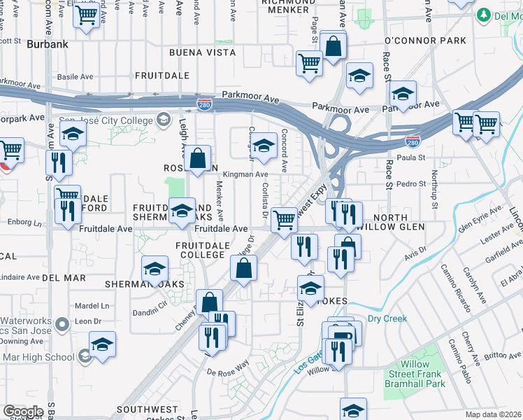 map of restaurants, bars, coffee shops, grocery stores, and more near 1490 Fruitdale Avenue in San Jose