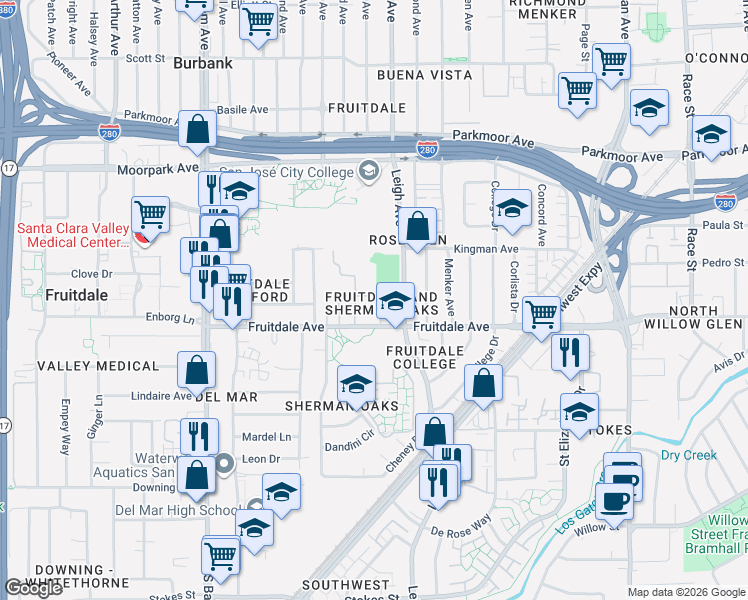 map of restaurants, bars, coffee shops, grocery stores, and more near 1865 Fruitdale Avenue in San Jose