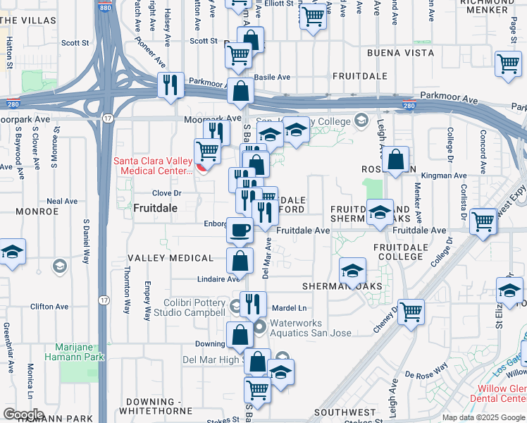 map of restaurants, bars, coffee shops, grocery stores, and more near 2175 Fruitdale Avenue in San Jose