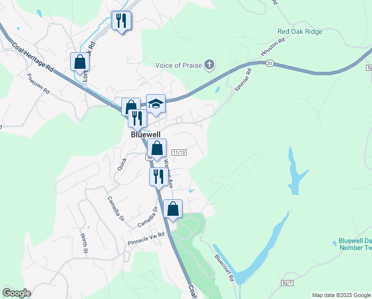 map of restaurants, bars, coffee shops, grocery stores, and more near County Highway 11/13 in Bluewell