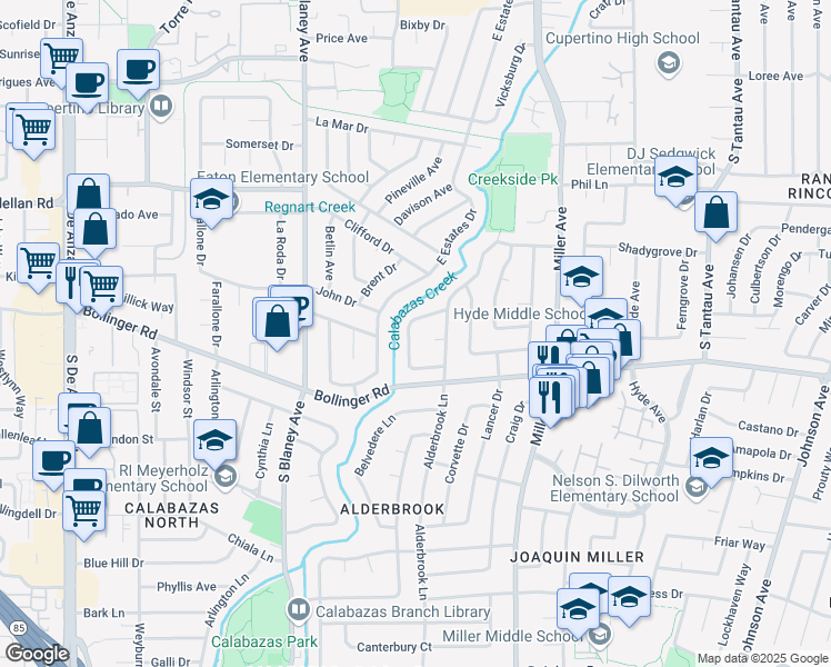 map of restaurants, bars, coffee shops, grocery stores, and more near 10780 Brookwell Drive in Cupertino