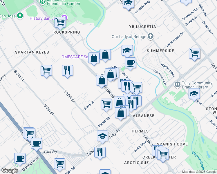 map of restaurants, bars, coffee shops, grocery stores, and more near 2114 Senter Road in San Jose
