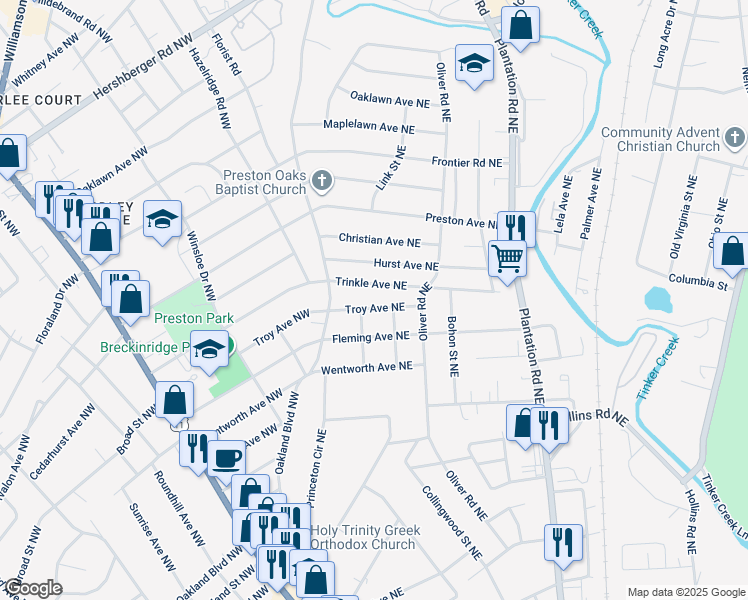 map of restaurants, bars, coffee shops, grocery stores, and more near 214 Troy Avenue Northeast in Roanoke