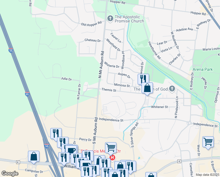 map of restaurants, bars, coffee shops, grocery stores, and more near 3122 Themis Street in Cape Girardeau