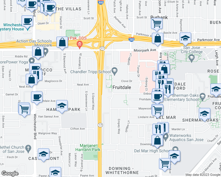 map of restaurants, bars, coffee shops, grocery stores, and more near 1118 Yarwood Court in San Jose