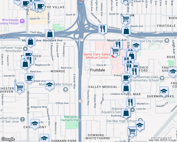 map of restaurants, bars, coffee shops, grocery stores, and more near 1118 Yarwood Court in San Jose