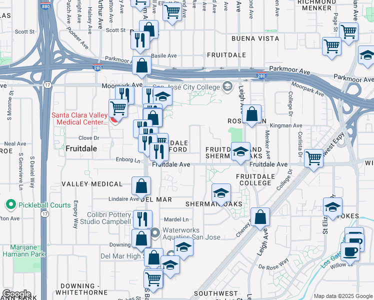 map of restaurants, bars, coffee shops, grocery stores, and more near 1919 Fruitdale Avenue in San Jose