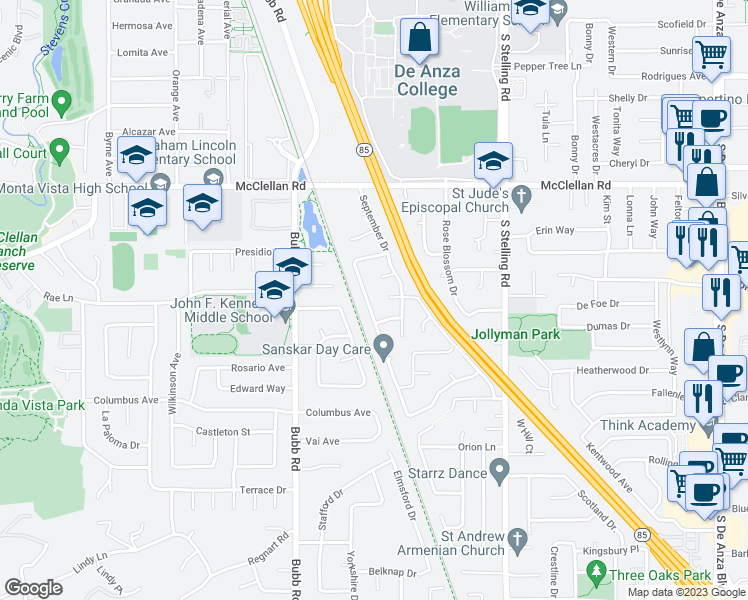 map of restaurants, bars, coffee shops, grocery stores, and more near 993 November Drive in Cupertino