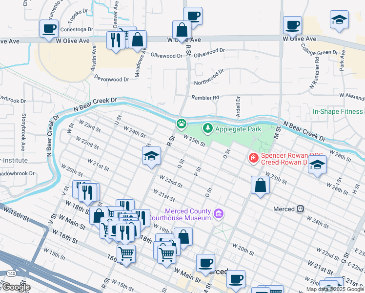 map of restaurants, bars, coffee shops, grocery stores, and more near 1017 West Santa Fe Avenue in Merced