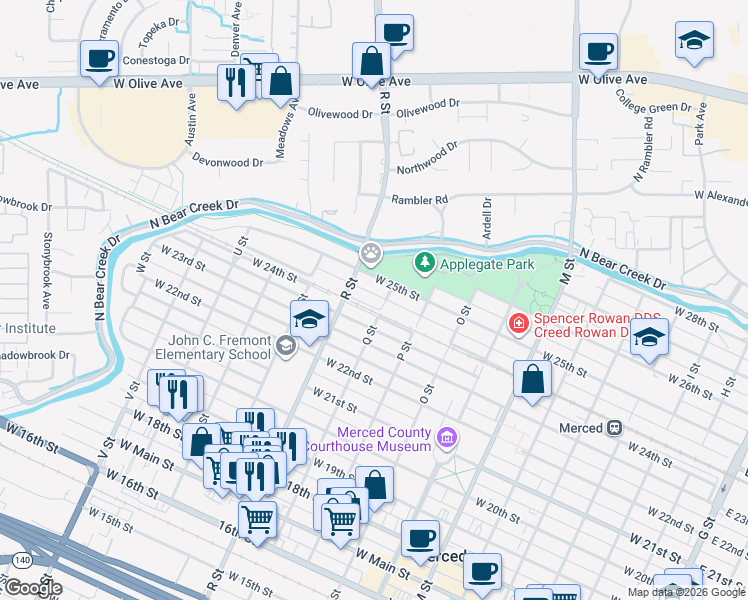 map of restaurants, bars, coffee shops, grocery stores, and more near 1017 West Santa Fe Avenue in Merced
