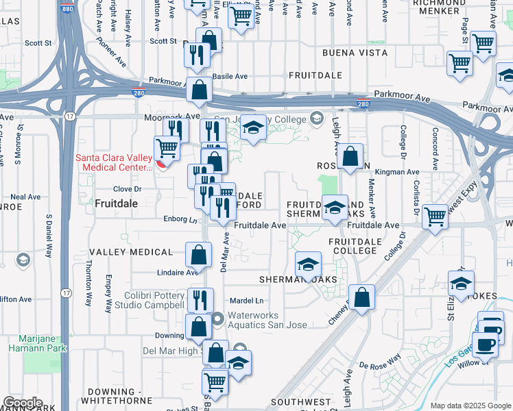 map of restaurants, bars, coffee shops, grocery stores, and more near 2051 Fruitdale Avenue in San Jose