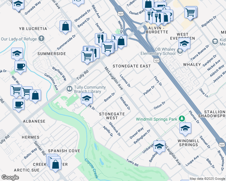 map of restaurants, bars, coffee shops, grocery stores, and more near 1073 Idlewood Drive in San Jose