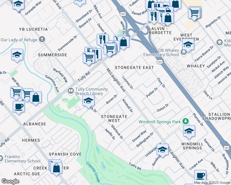 map of restaurants, bars, coffee shops, grocery stores, and more near 1073 Idlewood Drive in San Jose