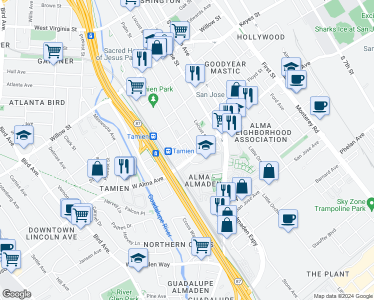 map of restaurants, bars, coffee shops, grocery stores, and more near 1375 Lick Avenue in San Jose