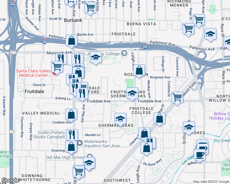 map of restaurants, bars, coffee shops, grocery stores, and more near 1919 Fruitdale Avenue in San Jose