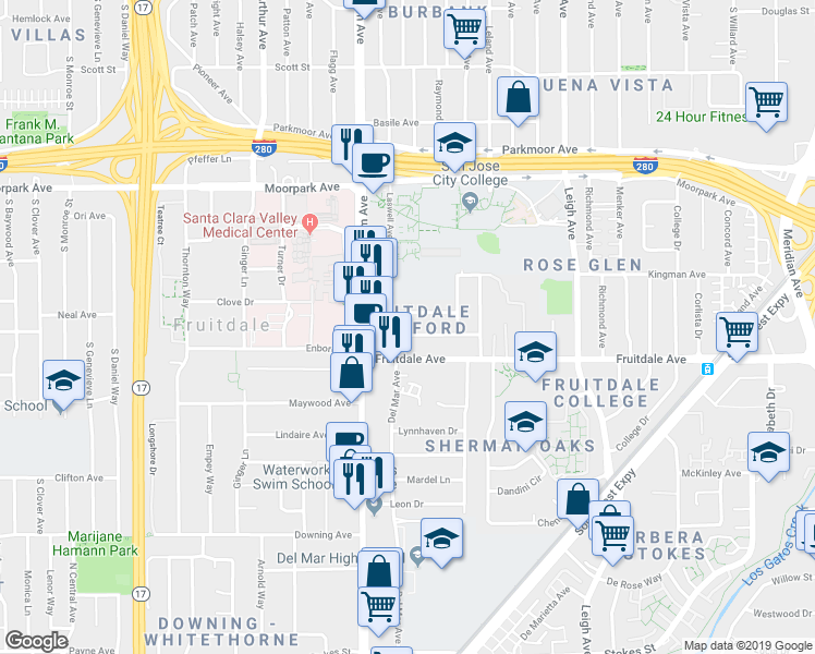 map of restaurants, bars, coffee shops, grocery stores, and more near 2175 Fruitdale Avenue in San Jose