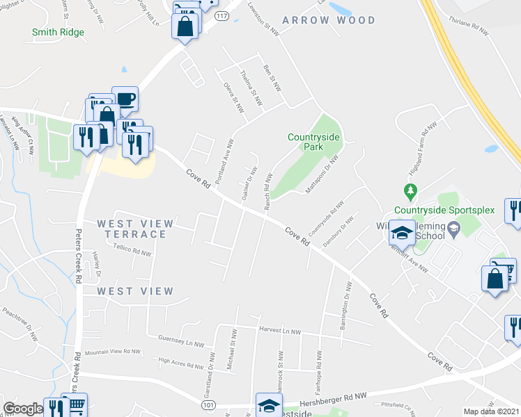 map of restaurants, bars, coffee shops, grocery stores, and more near 2202 Ranch Road Northwest in Roanoke