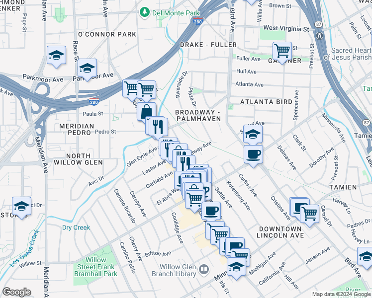 map of restaurants, bars, coffee shops, grocery stores, and more near 1052 Ramona Avenue in San Jose