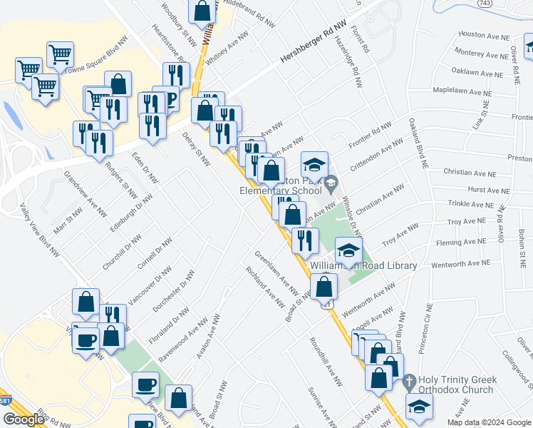 map of restaurants, bars, coffee shops, grocery stores, and more near 4314 Williamson Road in Roanoke