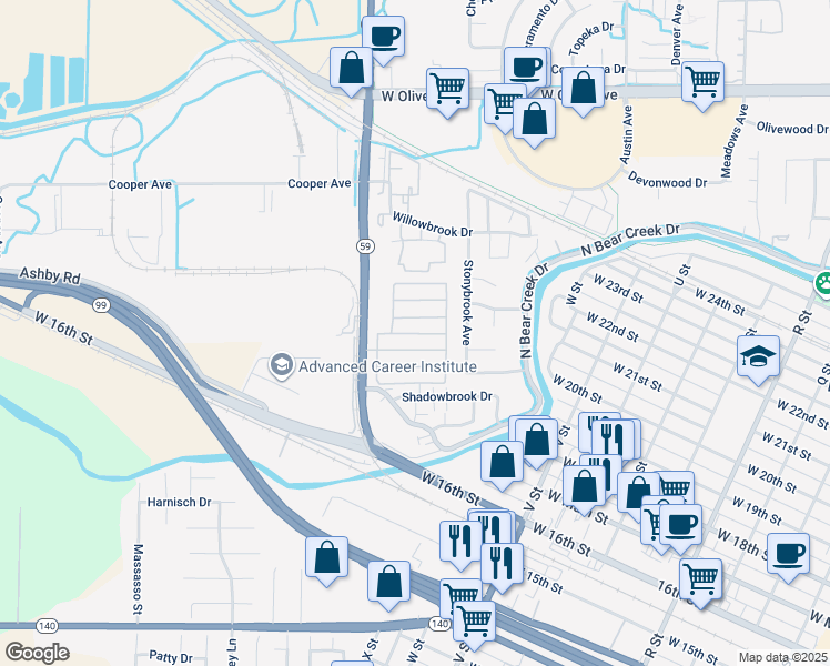map of restaurants, bars, coffee shops, grocery stores, and more near 2500 North State Highway 59 in Merced
