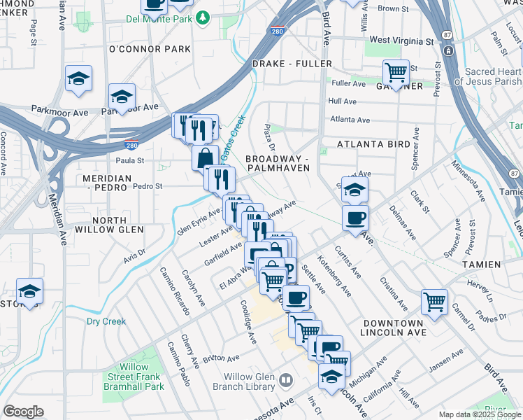 map of restaurants, bars, coffee shops, grocery stores, and more near 1052 Ramona Avenue in San Jose