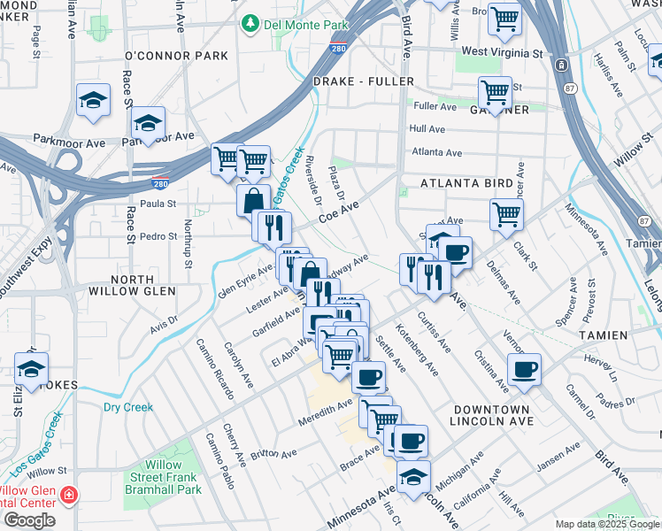 map of restaurants, bars, coffee shops, grocery stores, and more near 1073 Broadway Avenue in San Jose