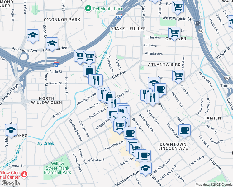 map of restaurants, bars, coffee shops, grocery stores, and more near 1073 Broadway Avenue in San Jose